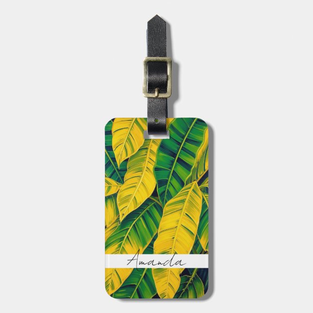 Vibrant Green & Yellow Banana Leaf Pattern Luggage Tag (Front Vertical)