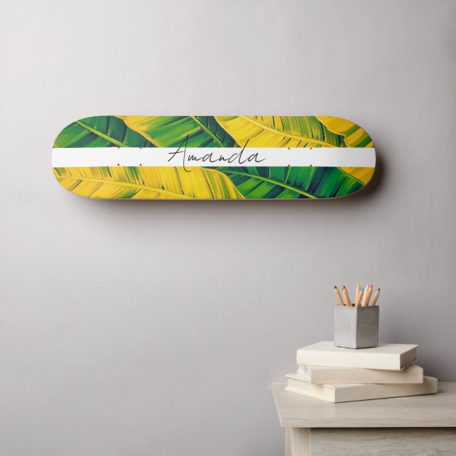 Vibrant Green & Yellow Banana Leaf Pattern Skateboard (Wall Art (Horz))