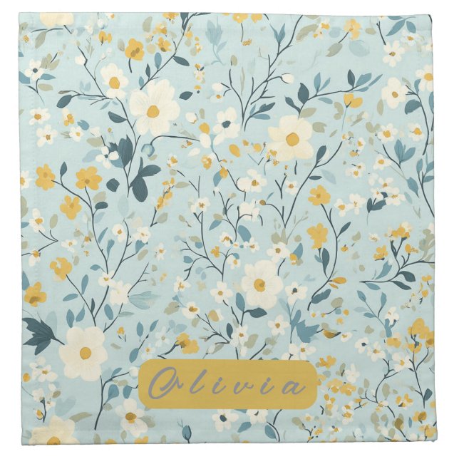 Vibrant green yellow blue white flowers cloth napkin (Front)