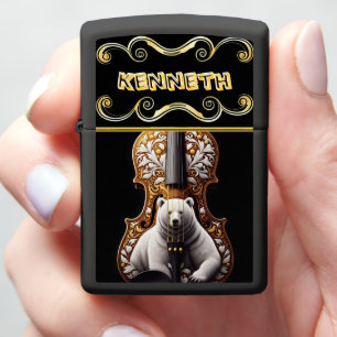 Vibrant Grizzly Bear Engraving on Violin Zippo Lighter
