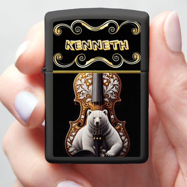 Vibrant Grizzly Bear Engraving on Violin Zippo Lighter (In Hand)