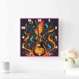 Vibrant guitar engulfed in flames and swirls square wall clock