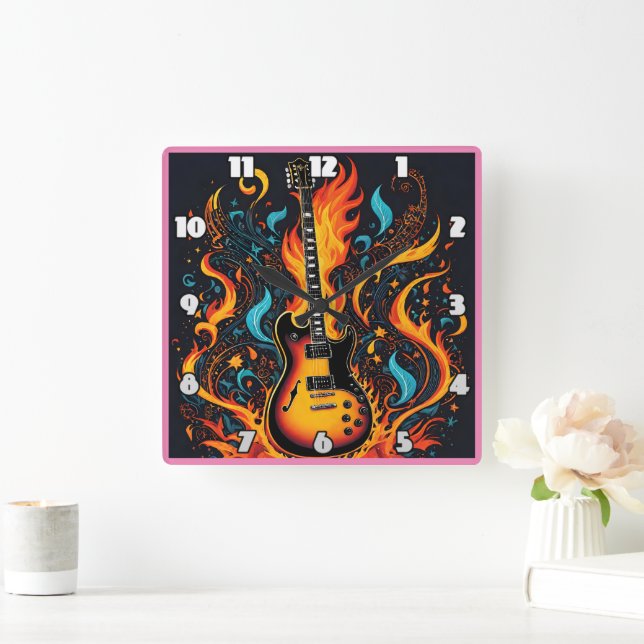 Vibrant guitar engulfed in flames and swirls square wall clock (Home)