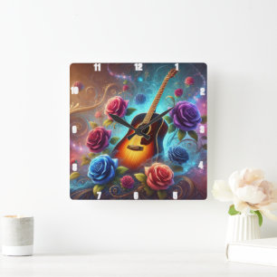 Vibrant Guitar Surrounded by Colorful Roses Square Wall Clock