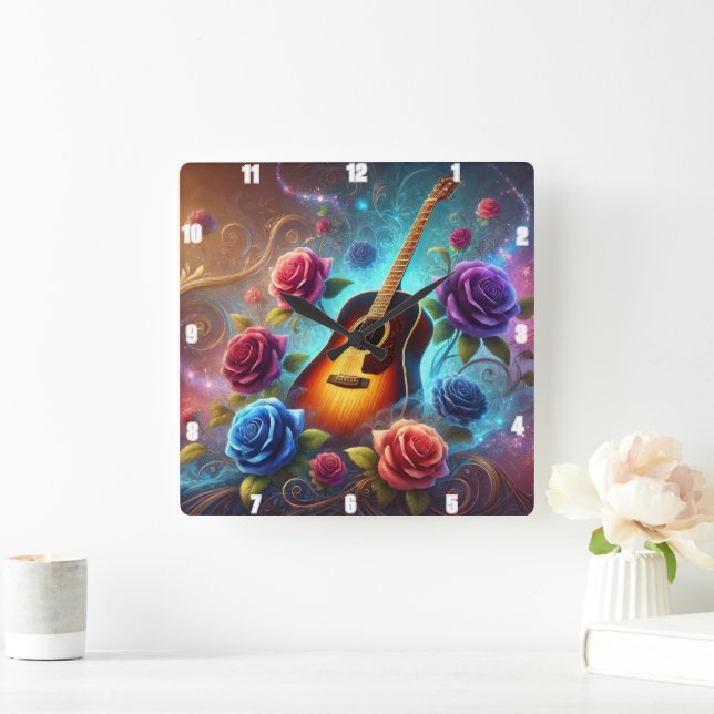 Vibrant Guitar Surrounded by Colorful Roses Square Wall Clock (Home)