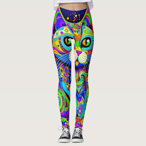 Vibrant Haight-Ashbury Cat All-Over-Print Leggings