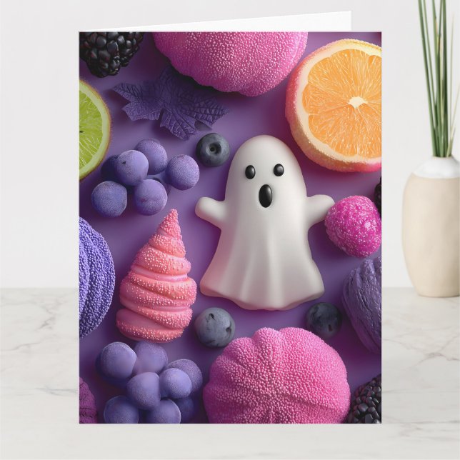 Vibrant Halloween Candy and Fruit Flat-Lay Card (Front)