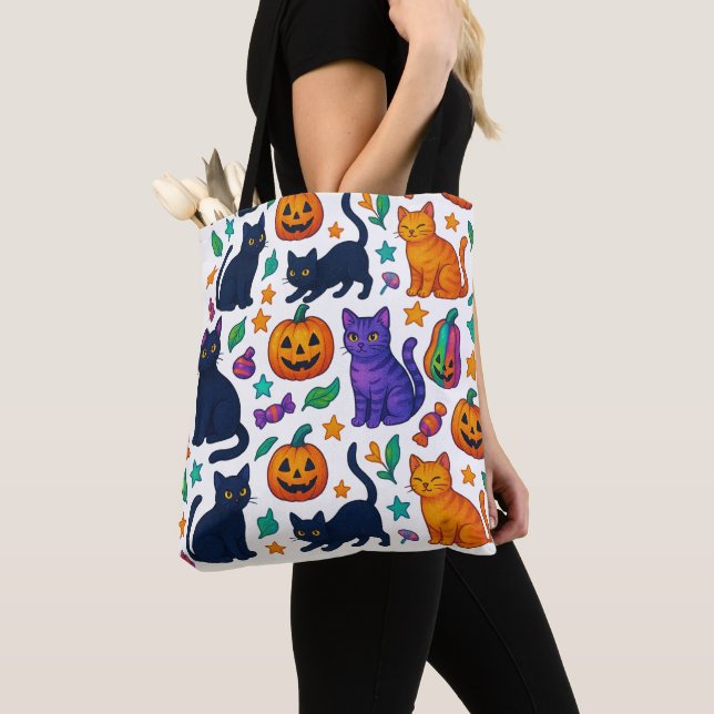 Vibrant Halloween Cat & Pumpkin Pattern Tote Bag (Close Up)