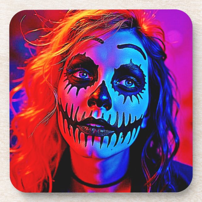 Vibrant Halloween Makeup Art Beverage Coaster (Front)