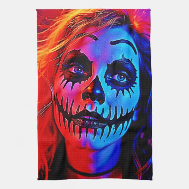 Vibrant Halloween Makeup Art Kitchen Towel (Vertical)