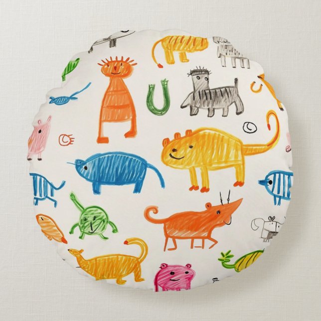 Vibrant Hand Drawn Animal Pattern Design Patterns Round Pillow (Front)