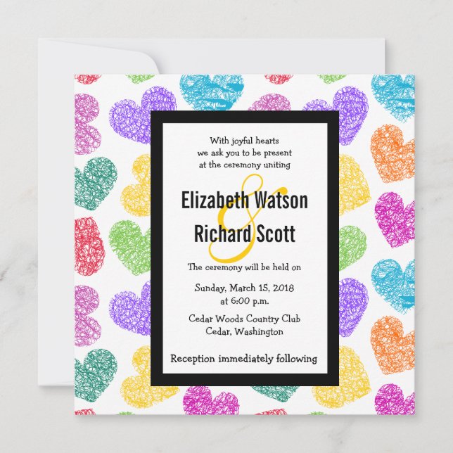 Vibrant hand drawn hearts wedding invitation (Front)
