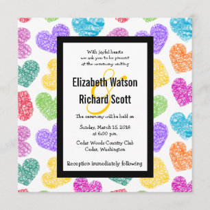 Vibrant hand drawn hearts wedding invitation