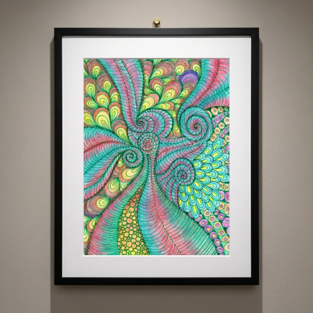 Vibrant Hand-Drawn Teal Pink Swirl Abstract Art Poster (Creator Uploaded)