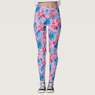 Vibrant Hand-Painted Flower Design Red Blue Leggings