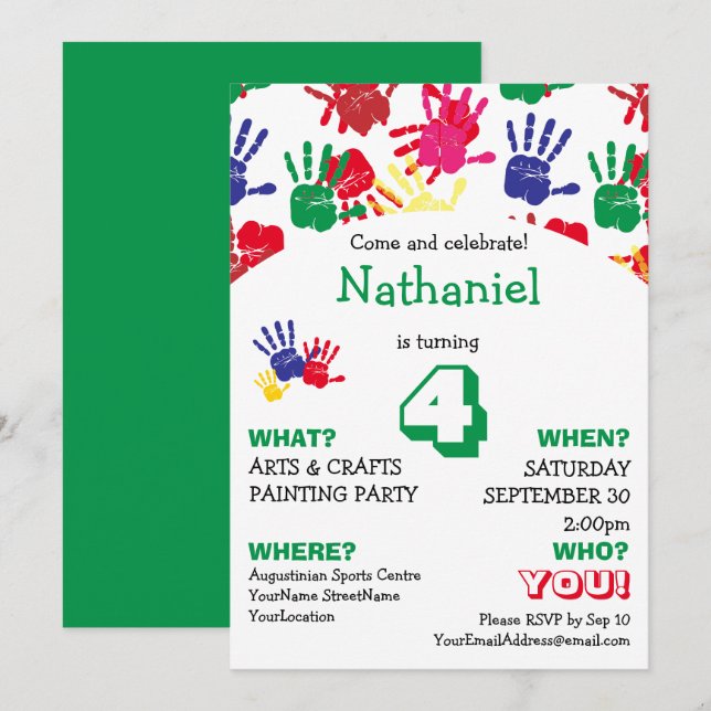 Vibrant Handprints Kids Birthday Party Invitation (Front/Back)