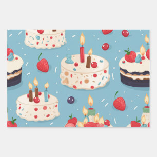 Vibrant Happy Birthday Cakes Pattern Wrapping Paper Sheets