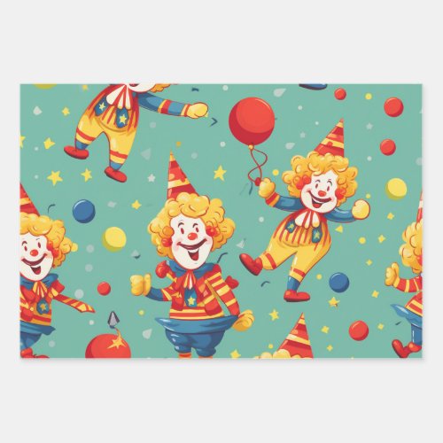 Vibrant Happy Birthday Clowns Pattern Wrapping Paper Sheets