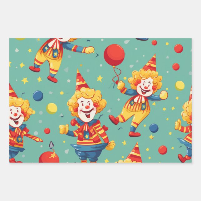 Vibrant Happy Birthday Clowns Pattern Wrapping Paper Sheets (Front)