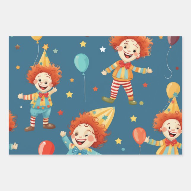 Vibrant Happy Birthday Clowns Pattern Wrapping Paper Sheets (Front)