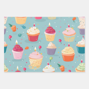 Vibrant Happy Birthday Cupcakes Pattern Wrapping Paper Sheets