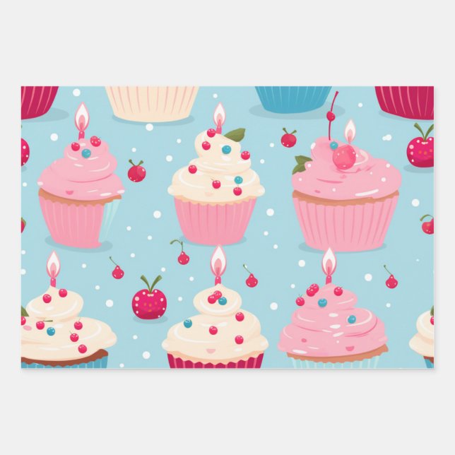 Vibrant Happy Birthday Cupcakes Pattern Wrapping Paper Sheets (Front)