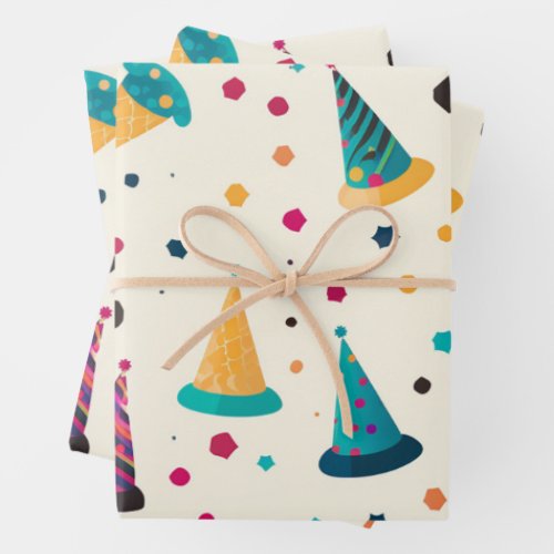 Vibrant Happy Birthday Party Hats Pattern Wrapping Paper Sheets