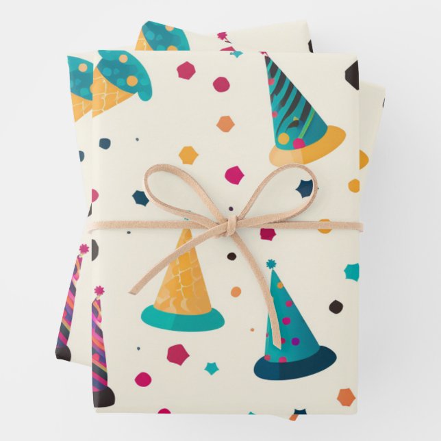 Vibrant Happy Birthday Party Hats Pattern Wrapping Paper Sheets (In situ)