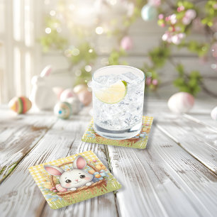 Vibrant Happy Easter in a Yellow background Square Paper Coaster