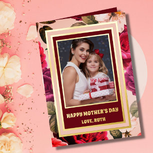 Vibrant Happy Mother's Day Pink Roses Photo Gold Foil Holiday Card