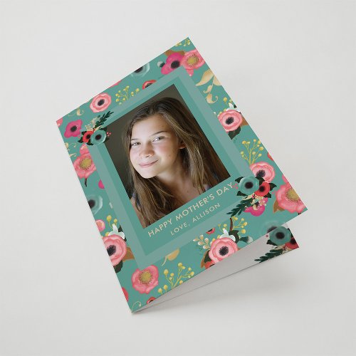Vibrant  Happy Mothers Day Teal Floral and Photo Card