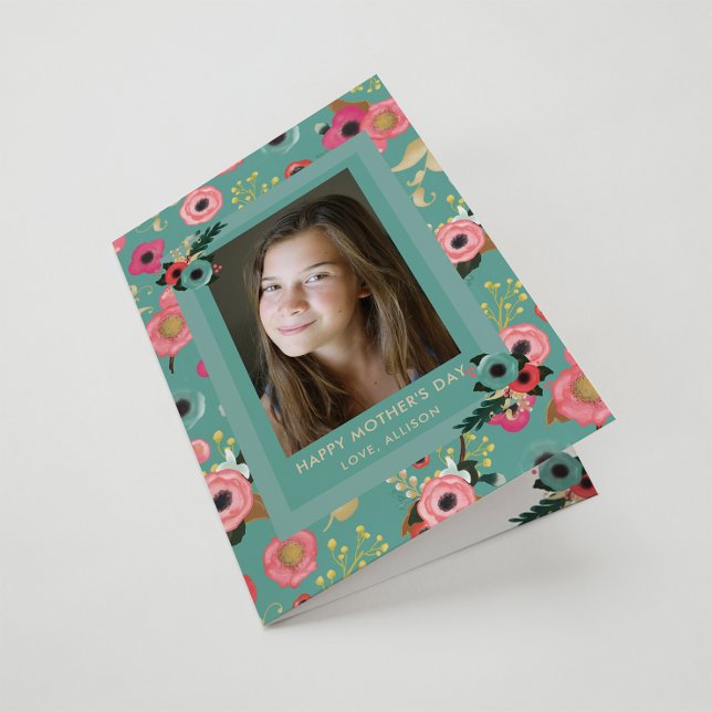 Vibrant | Happy Mother's Day Teal Floral and Photo Card
