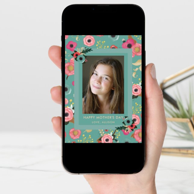 Vibrant | Happy Mother's Day Teal Floral and Photo Card (Front Digital)