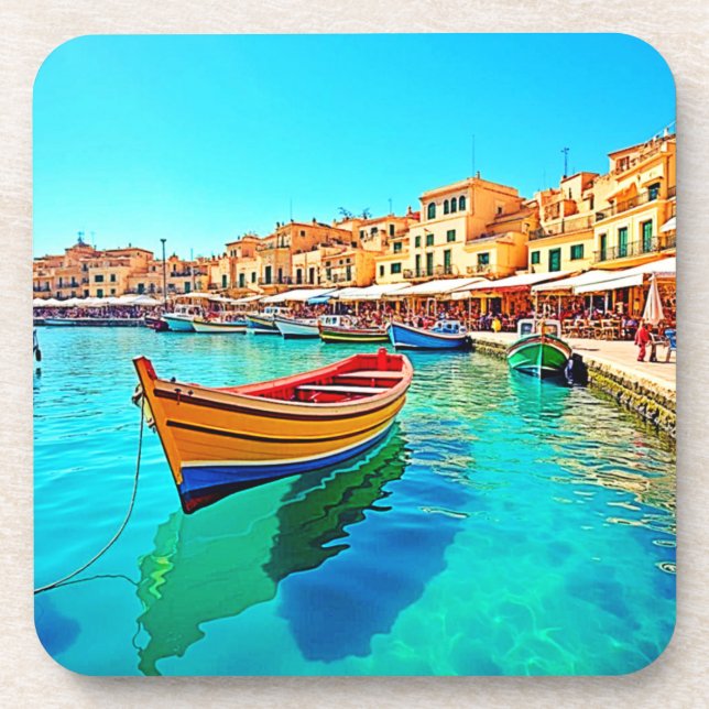 Vibrant Harbor: Mediterranean Bliss Beverage Coaster (Front)