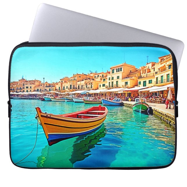 Vibrant Harbor: Mediterranean Bliss Laptop Sleeve (Front)