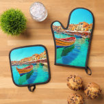 Vibrant Harbor: Mediterranean Bliss Oven Mitt &amp; Pot Holder Set
