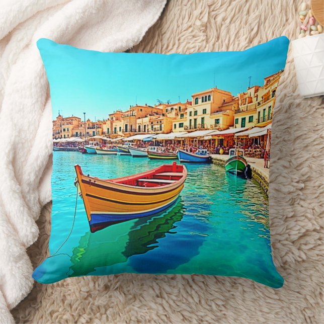 Vibrant Harbor: Mediterranean Bliss Throw Pillow (Blanket)