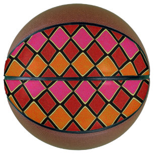 Vibrant Harlequin Diamond Pattern in Red, Orange, Basketball