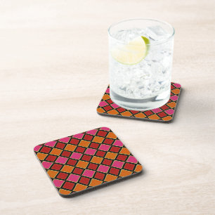 Vibrant Harlequin Diamond Pattern in Red, Orange, Beverage Coaster
