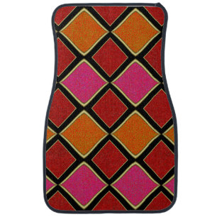Vibrant Harlequin Diamond Pattern in Red, Orange, Car Floor Mat
