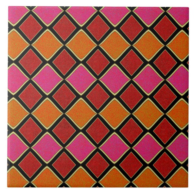 Vibrant Harlequin Diamond Pattern in Red, Orange,  Ceramic Tile (Front)