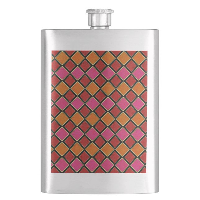Vibrant Harlequin Diamond Pattern in Red, Orange,  Flask (Front)