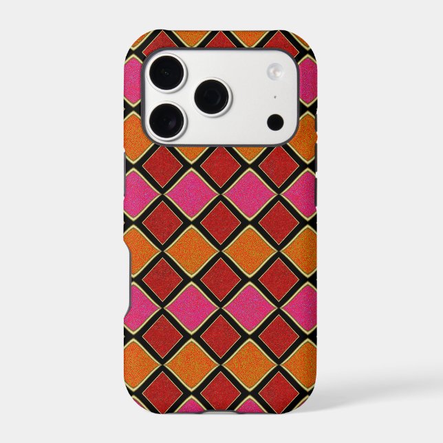 Vibrant Harlequin Diamond Pattern in Red, Orange,  iPhone Case (Back)