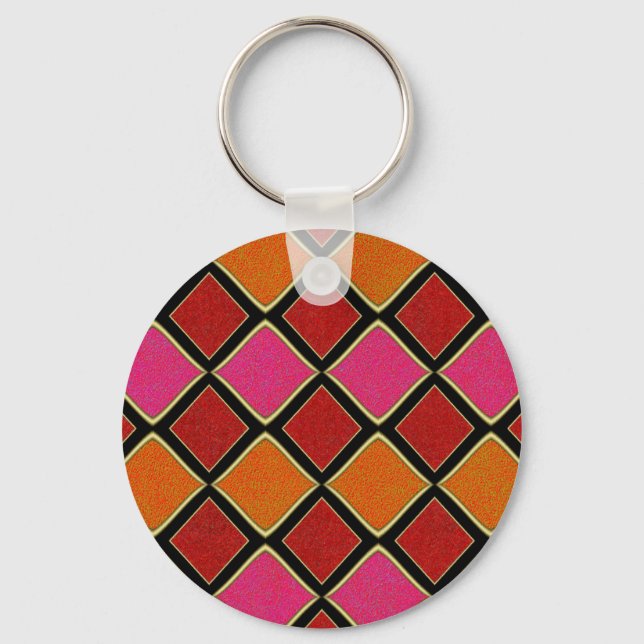Vibrant Harlequin Diamond Pattern in Red, Orange,  Keychain (Front)