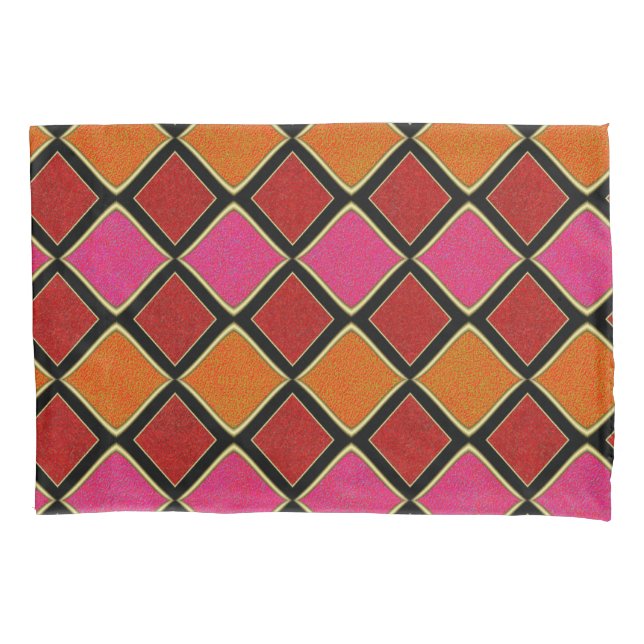 Vibrant Harlequin Diamond Pattern in Red, Orange,  Pillow Case (Front-Left)