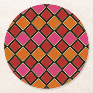 Vibrant Harlequin Diamond Pattern in Red, Orange, Round Paper Coaster