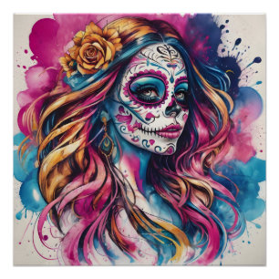 Vibrant Harmony - Blue Pink & Orange Sugar Skull Poster