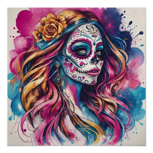 Vibrant Harmony - Blue Pink & Orange Sugar Skull  Poster (Front)