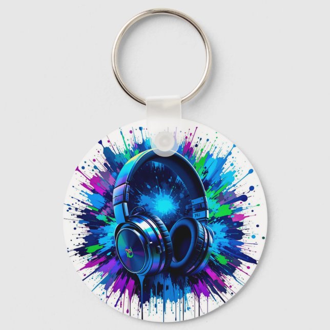 Vibrant Headphones Against Splash of Colorful Pain Keychain (Front)