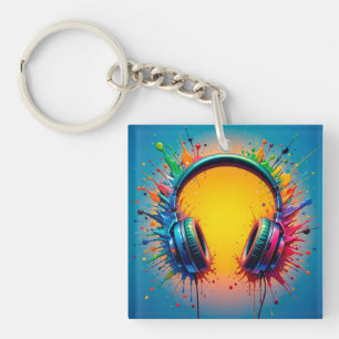 Vibrant Headphones Against Splash of Colorful Pain Keychain